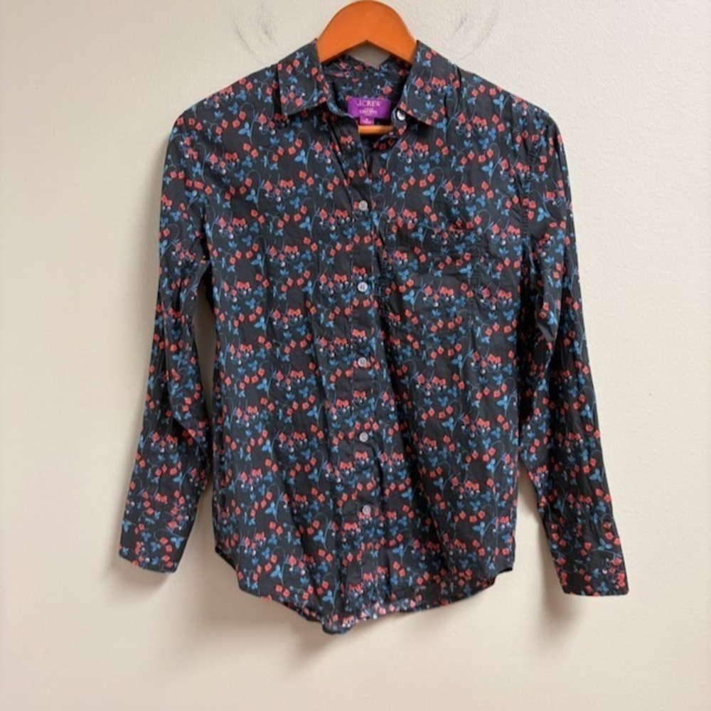 J.Crew Liberty Fabric Shirt Womens 0 Black Strawberry Fields Button Up Preppy
